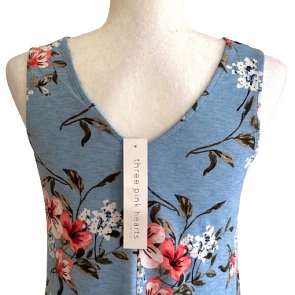 Three Pink Hearts Blue Floral Sleeveless Handkerchief Tunic Top Dress XS NEW - Picture 6 of 10